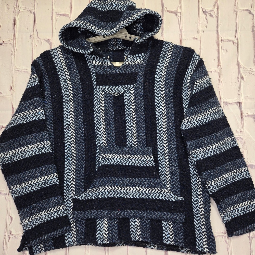 Y2K Mexican Baja Hoodie Navy Blue White Striped‎ Pullover Boho Surf Poncho Small